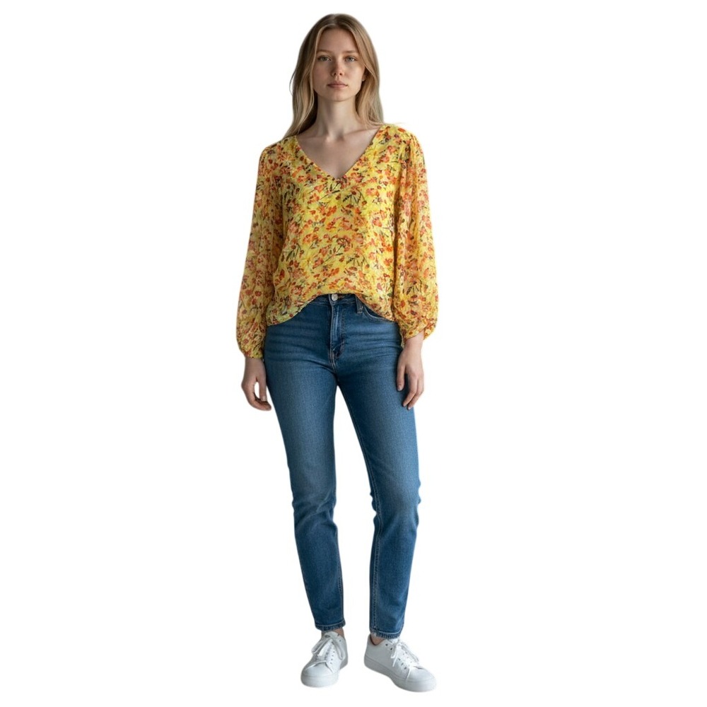 Vince Camuto Womens XL Citrus Splash Floral Blouse V-Neck Bright Lemon 9122155